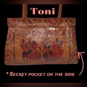 Vintage TONI Stamped Leather Shoulder‎ Bag, Egyptian Dancers, Hidden Side Pocket